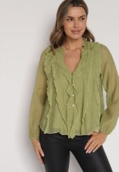 Zielona Bluzka Koszulowa z Dekoltem w Serek Zdobiona Falbankami Nailiphis. Zielone bluzki damskie Born2be, l, z aplikacjami, z jeansu, biznesowe, bez kołnierzyka, bez ramiączek. Za 99.99 zł.