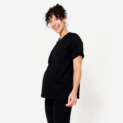 Koszulka do jogi damska Kimjaly ciążowa. Czarne koszulki sportowe damskie DOMYOS, xl, bez wzorów, z elastanu, sportowe, bez kołnierzyka. Za 49.99 zł.