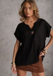 Czarna Bluzka z Lnem i Wiskozą o Nietoperzowym Kroju z Krótkim Rękawem Herira. Czarne bluzki damskie Renee, l, z aplikacjami, z bawełny, casualowe, bez kołnierzyka, bez ramiączek. Za 69.99 zł.