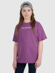 4F T-shirt oversize z nadrukiem dziewczęcy - fioletowy 146 (10-11 lat). Fioletowe t-shirty i topy dla dziewczynek 4f, bez wzorów, z bawełny, bez ramiączek. W wyprzedaży za 29.99 zł.