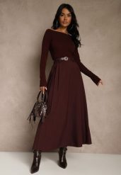 Bordowa Rozkloszowana Spódnica z Wiskozy z Dodatkowym Paskiem z Klamrą Lowedina. Czerwone spódnice damskie Renee, m, bez wzorów, z wiskozy, maxi, oversize. Za 89.99 zł.