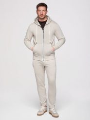 Komplet dresowy męski set bluza rozpinana z kapturem + spodnie z prosta nogawką - beżowy V1 - Rozmiar: M. Szare bluzy męskie Ombre Clothing, m, z aplikacjami, z bawełny, z kapturem. Za 339.99 zł.