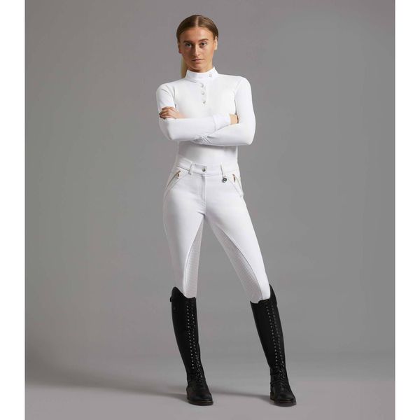 Damskie spodnie konkursowe o pełnej przyczepności Premier Equine Milliania. Białe spodnie materiałowe damskie PREMIER EQUINE, bez wzorów. Za 427.50 zł.