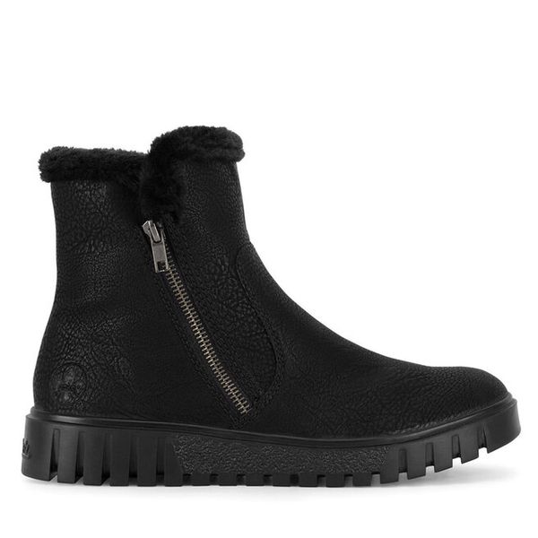 Botki Rieker. Czarne botki damskie Rieker, bez obcasa, na płaskiej podeszwie, bez zapięcia. Za 258.99 zł.