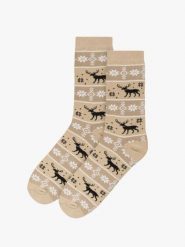 Beżowo-brązowe skarpetki świąteczne unisex w renifery. Brązowe skarpety damskie Ryłko, z aplikacjami, z bawełny. Za 24.99 zł.