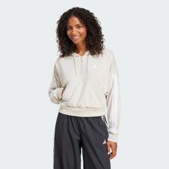 Bluza z kapturem Essentials 3-Stripes French Terry Quarter-Zip. Białe bluzy damskie Adidas, l, bez wzorów, z materiału, z kapturem. Za 259.00 zł.