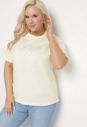 Żółty Bawełniany T-shirt z Ozdobnym Napisem i Cyrkoniami Olisandra. Żółte bluzki damskie Born2be, plus size, z aplikacjami, z bawełny, klasyczne, bez kołnierzyka, plus size, bez ramiączek. Za 44.99 zł.