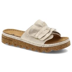 Klapki damskie Rieker, na platformie z eko skóry z wygodnymi wkładkami i ozdobnymi falbanami, beżowe, V8763-60. Brązowe klapki damskie Rieker, bez wzorów, ze skóry, bez obcasa, na platformie, bez zapięcia. Za 260.90 zł.