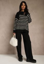 Czarny Komplet z Bawełną i Wełną Spodnie o Szerokim Kroju i Sweter w Paski Reimeia. Czarne spodnie materiałowe damskie Renee, l, bez wzorów, z bawełny. Za 129.99 zł.