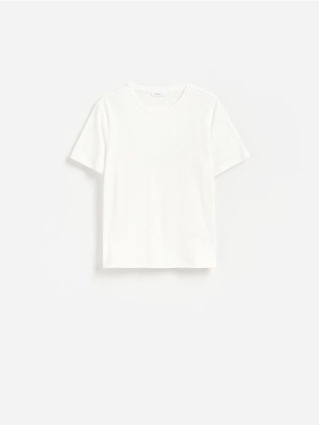 Bawełniany t-shirt - biały. Białe t-shirty damskie Reserved, l, bez wzorów, z bawełny, bez kołnierzyka. Za 49.99 zł.