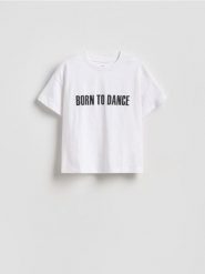 Bawełniany t-shirt z nadrukiem - biały. Białe t-shirty damskie Reserved, l, bez wzorów, z bawełny, bez kołnierzyka. Za 49.99 zł.
