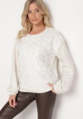 Biały Sweter z Wiskozą w Kwiaty Ozdobiony Siateczką z Cekinami Valenhela. Białe swetry damskie Born2be, m, bez wzorów, z jeansu, eleganckie, bez kołnierzyka, bez ramiączek, długie, bez kaptura. Za 119.99 zł.