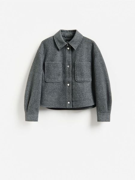 Kurtka shacket z kołnierzykiem - ciemnoszary. Szare kurtki damskie Reserved, l, bez wzorów, z tkaniny, bez kaptura. W wyprzedaży za 89.99 zł.