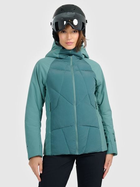 4F Kurtka puchowa narciarska z wypełnieniem Primaloft Silver damska - oliwkowa S. Brązowe kurtki snowboardowe damskie 4f, s, bez wzorów, z dzianiny, bez kaptura, narciarskie, primaloft. Za 999.99 zł.