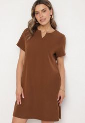 Brązowa Sukienka Trapezowa Mini z Kieszeniami Hreona. Brązowe sukienki damskie Born2be, l, bez wzorów, bez kołnierzyka, bez ramiączek, mini, trapezowe. Za 84.99 zł.