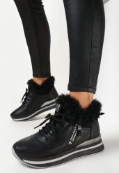 Czarne Botki Sneakersy na Grubej Podeszwie z Futerkiem Biqilee. Czarne botki damskie Born2be, bez obcasa, bez zapięcia. Za 119.99 zł.