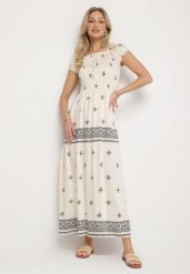 Jasnobeżowa Sukienka z Wiskozy ze Wzorem Boho Ellirose. Brązowe sukienki damskie Born2be, na co dzień, na wiosnę, l, z aplikacjami, z wiskozy, boho, bez kołnierzyka, bez ramiączek, maxi. Za 64.99 zł.