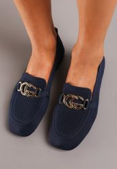 Granatowe Wsuwane Mokasyny z Kwadratowym Noskiem i Metalową Ozdobą Anelda. Niebieskie mokasyny damskie Born2be, z jeansu, eleganckie. Za 49.99 zł.