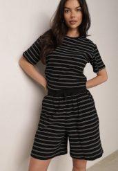 Czarne Bawełniane Szorty w Paski z Wysokim Stanem w Stylu Casual Naunea. Czarne szorty damskie Born2be, l, bez wzorów, z bawełny, casualowe, z podwyższonym stanem. Za 59.99 zł.