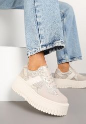 Beżowe Sneakersy Typu Tenisówki na Żłobionej Platformie Ozdobione Wężowym Motywem Lorreia. Brązowe obuwie sportowe damskie Renee, bez wzorów, z jeansu, eleganckie, bez zapięcia. Za 89.99 zł.