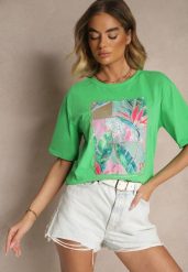 Zielony T-shirt z Bawełny Ozdobiony Brokatem Isadelle. Zielone bluzki damskie Renee, m, bez wzorów, z bawełny, klasyczne, bez kołnierzyka. Za 39.99 zł.