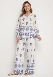 Biało-Niebieski Komplet w Stylu Rustykalnym Luźna Bluzka i Spodnie z Wiskozą Emilaris. Białe bluzki damskie Born2be, z aplikacjami, z wiskozy, eleganckie, bez kołnierzyka, bez ramiączek. Za 109.99 zł.