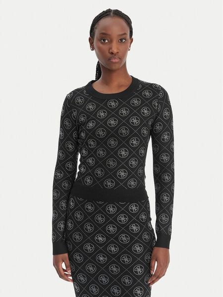 Guess Sweter W6RR66 Z3JD2 Czarny Regular Fit. Czarne swetry damskie Guess, s, z aplikacjami, z syntetyku, bez kołnierzyka, bez ramiączek, bez kaptura. Za 319.99 zł.