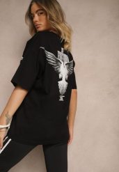 Czarna Koszulka T-shirt Ozdobiona Nadrukiem na Plecach Arilora. Czarne bluzki damskie Renee, l, bez wzorów, bez kołnierzyka. Za 39.99 zł.