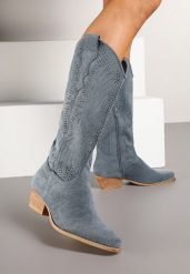 Niebieskie Ażurowe Botki Kowbojki na Obcasie z Wysoką Cholewką na Suwak Glasha. Niebieskie kozaki damskie Born2be, z jeansu, przed kolano, bez obcasa, na obcasie. Za 169.99 zł.