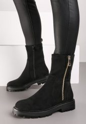 Czarne Botki na Płaskiej Podeszwie z Ozdobnym Zamkiem Błyskawicznym Jaliefra. Czarne botki damskie Renee, z jeansu, eleganckie, bez obcasa, na płaskiej podeszwie, bez zapięcia. Za 109.99 zł.