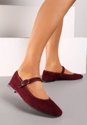 Bordowe Balerinki w Stylu Mary Jane z Kwadratowym Noskiem i Klamerką Nairelle. Czerwone baleriny damskie Born2be, bez wzorów, z jeansu, eleganckie, bez obcasa. Za 54.99 zł.