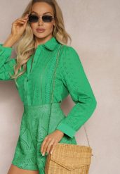 Zielona Koszula z Haftowanej Tkaniny w Stylu Boho Perphone. Zielone bluzki damskie Renee, l, bez wzorów, z bawełny, boho, bez kołnierzyka, bez ramiączek. Za 54.99 zł.