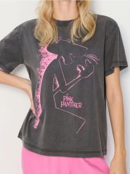 Koszulka oversize Pink Panther - szary. Szare t-shirty damskie Sinsay, l, bez wzorów, bez kołnierzyka. Za 39.99 zł.