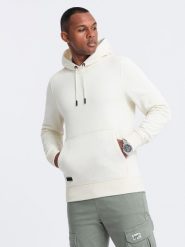 Dresowa bluza męska kangurka z kapturem BASIC – kremowa V5 OM-SSBN-0161 - XXL. Białe bluzy męskie Ombre Clothing, l, bez wzorów, z dresówki, z kapturem. Za 113.99 zł.