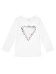Guess Bluzka K5BI08 J1314 Biały Regular Fit. Białe bluzki dla dziewczynek Guess, z aplikacjami, z bawełny, bez kołnierzyka, bez ramiączek. Za 69.99 zł.