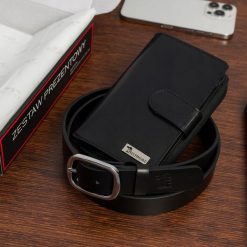 Zestaw prezentowy damski skórzany pasek portfel pudełko premium Beltimore Z45. Czarne paski damskie bez wzorów. Za 100.99 zł.