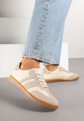 Beżowo-Białe Sneakersy Tenisówki z Ozdobnymi Paskami Danavin. Brązowe obuwie sportowe damskie Born2be, bez wzorów, z jeansu, klasyczne, bez zapięcia. Za 79.99 zł.