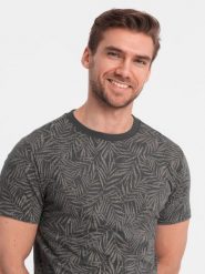 T-shirt męski fullprint w liście palmy - grafitowy V4 OM-TSFP-0182 M. Szare t-shirty męskie Ombre, m, bez wzorów, bez kołnierzyka. Za 196.65 zł.