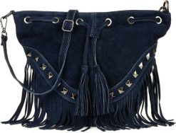 Vera Pelle Granatowa Damska Torebka Worek Skóra Zamsz Frędzle Włoska X39. Torebki do ręki damskie Vera Pelle, bez wzorów, ze skóry, bez dodatków. Za 192.49 zł.