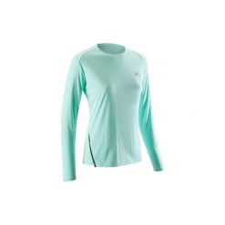 Koszulka do biegania z długim rękawe RUN SUN PROTECT. Zielone koszulki sportowe damskie KALENJI, s, bez wzorów, z materiału, bez kołnierzyka, bez ramiączek, do biegania, climacool (adidas). Za 29.99 zł.