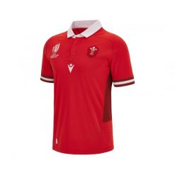 Koszulka domowa Pucharu Świata w Rugby 2023 Pays de Galles. Czerwone koszulki sportowe męskie Macron, bez wzorów, bez kołnierzyka, bez ramiączek. Za 282.30 zł.