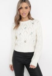 Jasnobeżowy Sweter o Klasycznym Kroju z Haftowanymi Kwiatami Chasane. Brązowe swetry damskie Born2be, m, bez wzorów, z bawełny, klasyczne, bez kołnierzyka, bez ramiączek, bez kaptura. Za 89.99 zł.