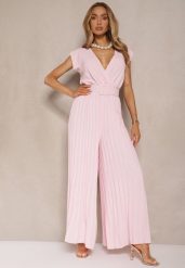 Różowy Kopertowy Kombinezon Wide Leg Zdobiony Plisami i Paskiem z Klamrą Salirella. Czerwone sukienki damskie Renee, na co dzień, l, z aplikacjami, eleganckie, bez kołnierzyka, bez ramiączek, kopertowe. Za 84.99 zł.