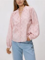 Koszula z ażurowym wzorem - brzoskwiniowy. Pomarańczowe koszule damskie Reserved, l, w ażurowe wzory, z bawełny, bez kołnierzyka, bez ramiączek. Za 119.99 zł.