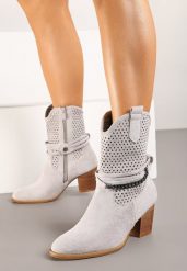 Szare Ażurowe Botki Vices na Obcasie Ozdobione Paskami Mirfedi. Szare botki damskie Born2be, z jeansu, eleganckie, bez obcasa, na obcasie, bez zapięcia. Za 129.99 zł.