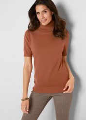 Sweter z golfem, krótki rękaw. Niebieskie swetry damskie bonprix, bez wzorów, klasyczne, bez kołnierzyka, bez ramiączek, krótkie, bez kaptura. Za 79.99 zł.