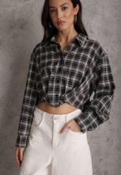 Czarna Koszula z Bawełny Typu Crop w Kratę Ozdobiona Marszczeniem Risettes. Czarne bluzki damskie Renee, m, bez wzorów, z bawełny, bez kołnierzyka, bez ramiączek. Za 99.99 zł.