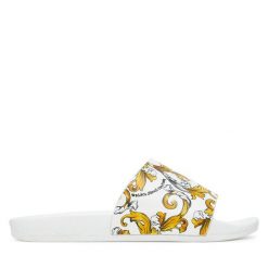 Klapki Versace Jeans Couture. Białe klapki damskie Versace Jeans Couture, bez wzorów, z jeansu, bez obcasa. Za 199.99 zł.