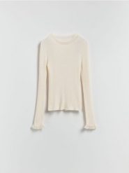 Dzianinowa bluzka z jedwabiem - złamana biel. Bluzki damskie Reserved, l, bez wzorów, z dzianiny, bez kołnierzyka, bez ramiączek. Za 179.99 zł.