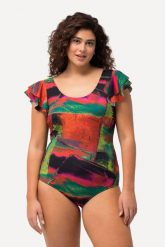 Damski Strój kąpielowy rękawy z falbankami miękkie miseczki okrągły dekolt. Zielone kostiumy jednoczęściowe damskie Ulla Popken, plus size, bez wzorów, z elastanu, plus size, do pływania. Za 191.99 zł.